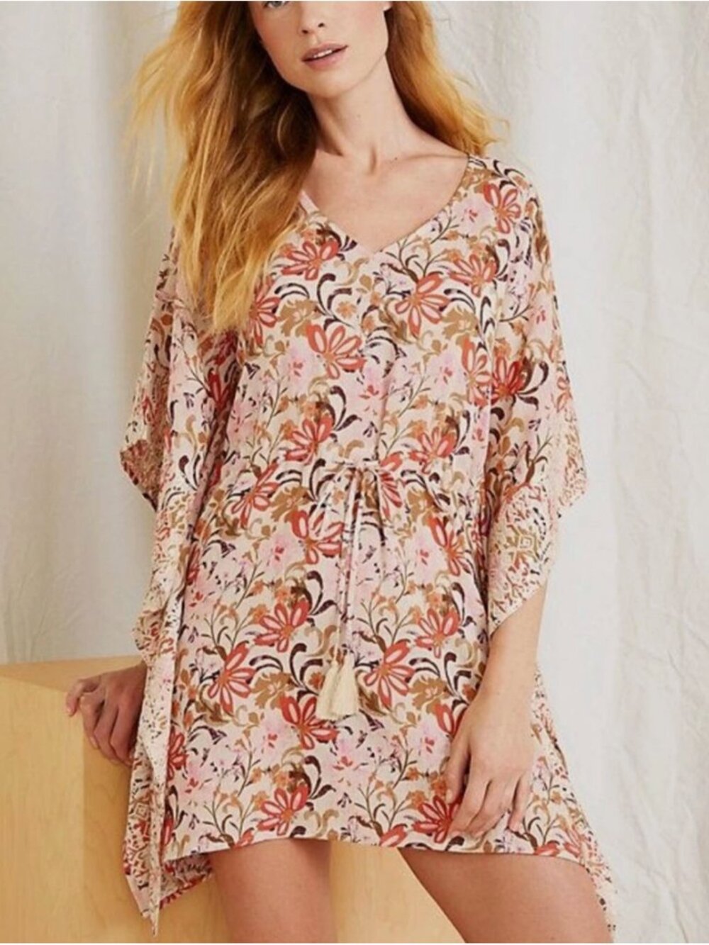 Garnet Hill Embroidered Kaftan Cover-Up Women's Small Floral Beach Boho Summer